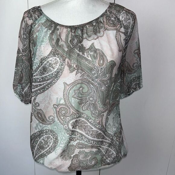 Chico's Boho Paisley Blouse Size 0 Sheer Chiffon Short Sleeve Top Green Brown - Picture 2 of 6